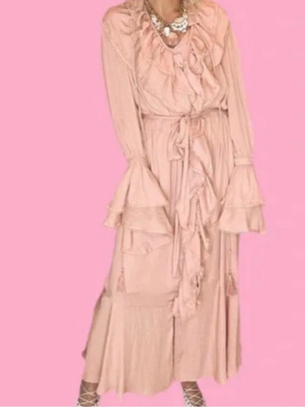 NWT Beulah Blush Pink Ruffle-Tiered Maxi Dress with Tie Waist